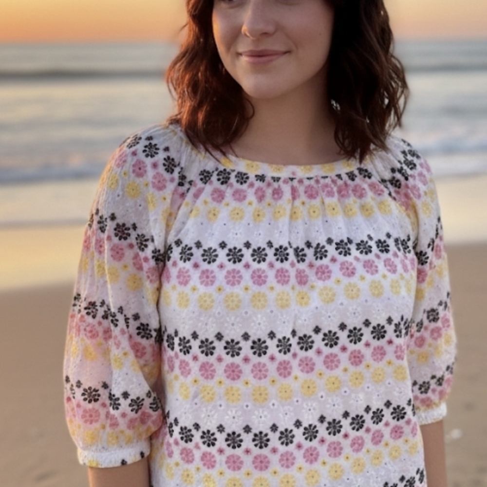Women’s White Eyelet Floral Puff Sleeve Top - Pink & Yellow